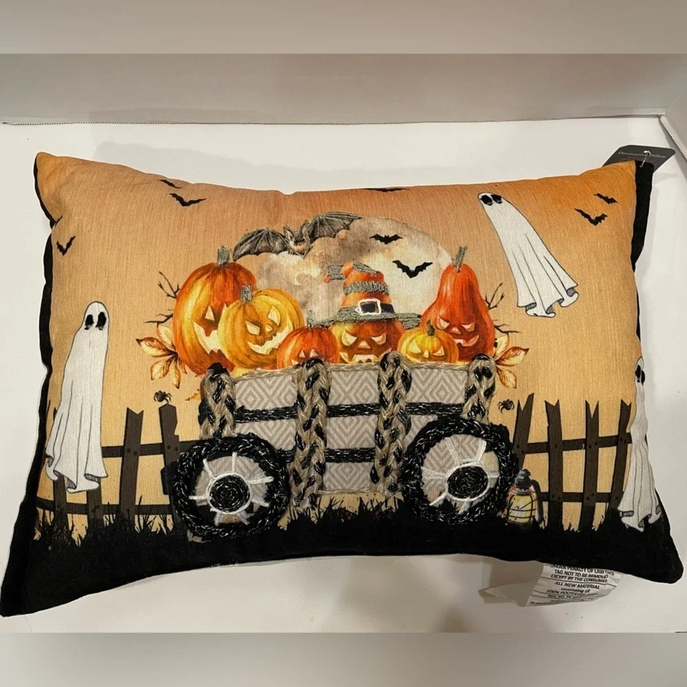Halloween Decorative Scenic Pillow 14”x20” Bat Pumpkin Ghost Wagon NWT